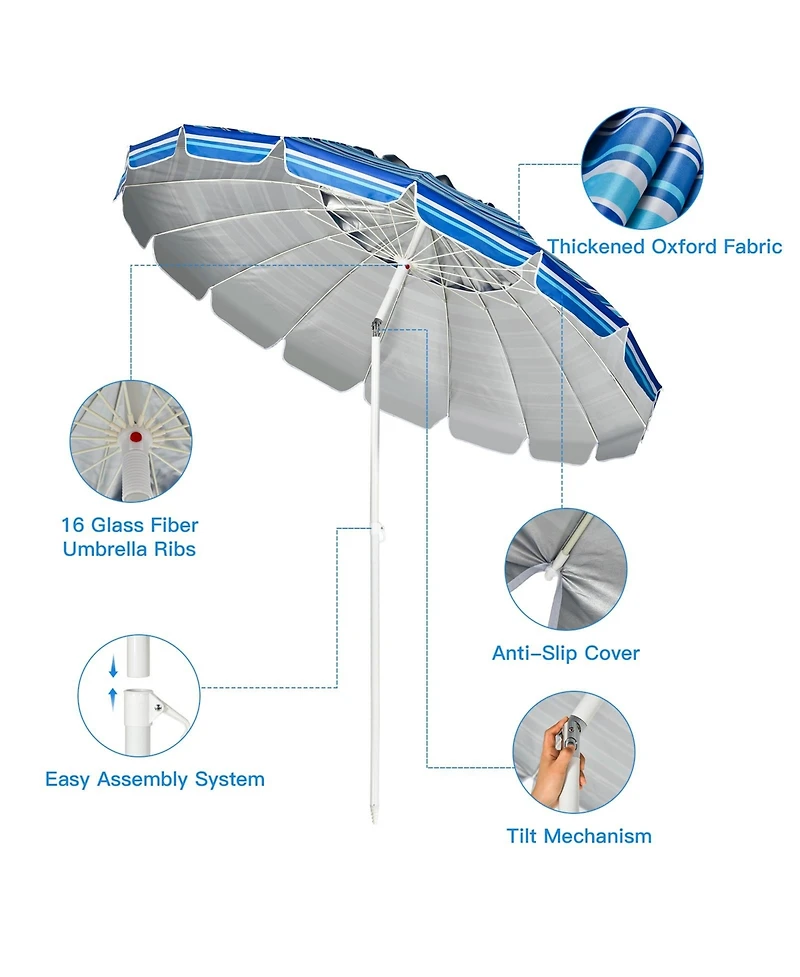 Gouun 8 ft Portable Beach Umbrella with 16 Fiberglass Ribs, Sand Anchor and Tilt