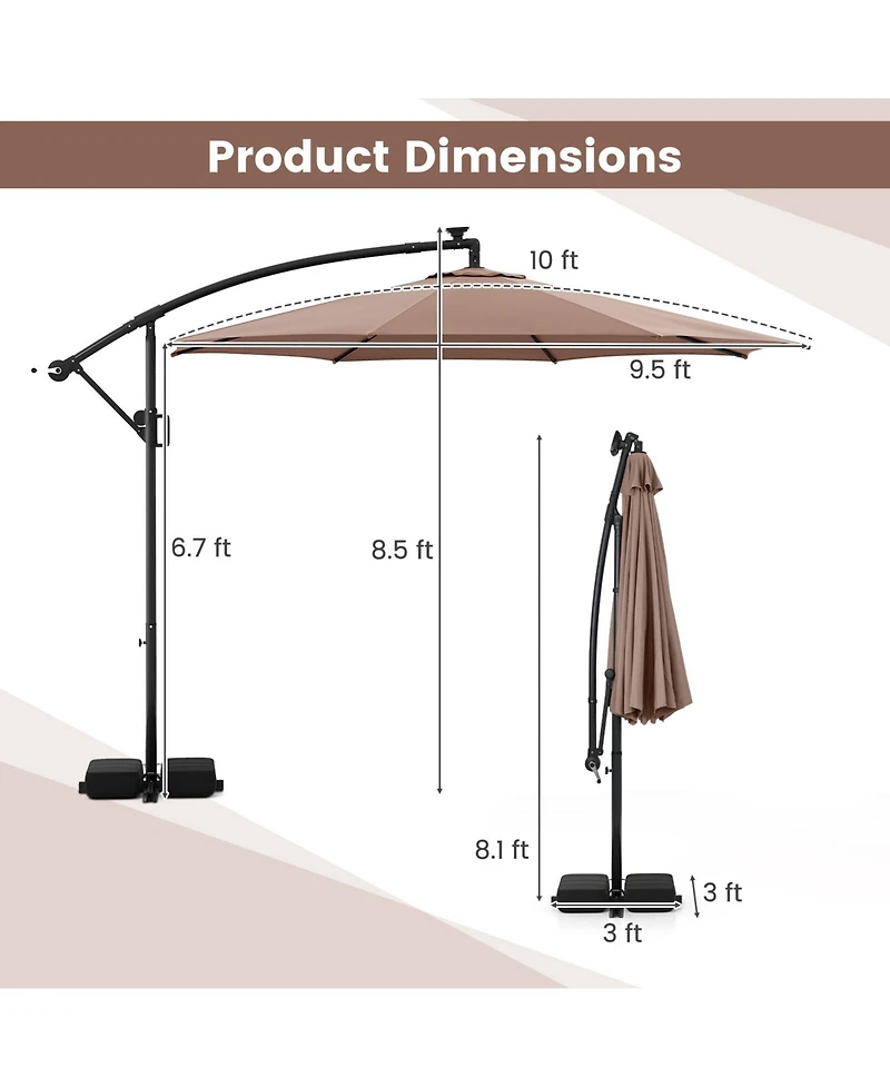 Gouun 10 ft Solar Offset Hanging Patio Umbrella with Base, 96 Led Lights and 360-Degree Rotation