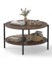 Gouun 33.5 in Round 2-Tier Industrial Coffee Table with Open Shelf and Metal Frame
