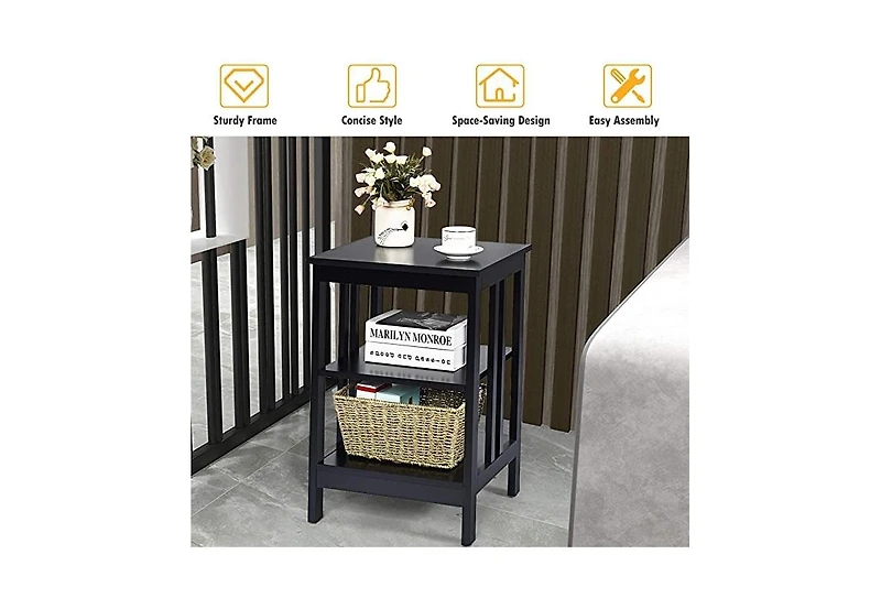 Gouun Set of 2 3-Tier Nightstands with Reinforced Side Bars and Open Shelves