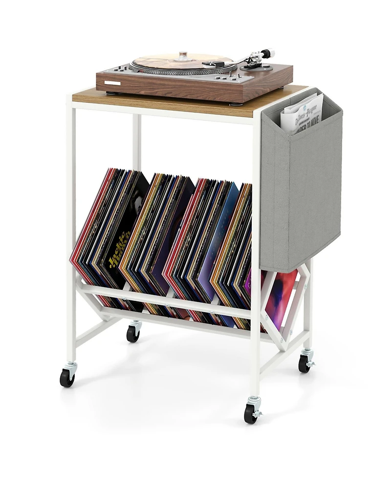 Gouun Rolling 2-Tier Record Player Stand with Vinyl Storage and Magazine Holder, 20 x 12 x 25 in
