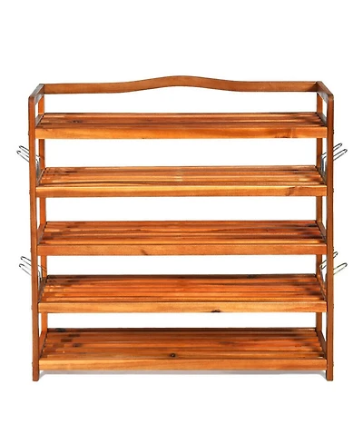 Gouun 5-Tier Acacia Wood Shoe Rack with Side Hooks Holding 12-18 Pairs