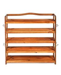 Gouun 5-Tier Acacia Wood Shoe Rack with Side Hooks Holding 12-18 Pairs
