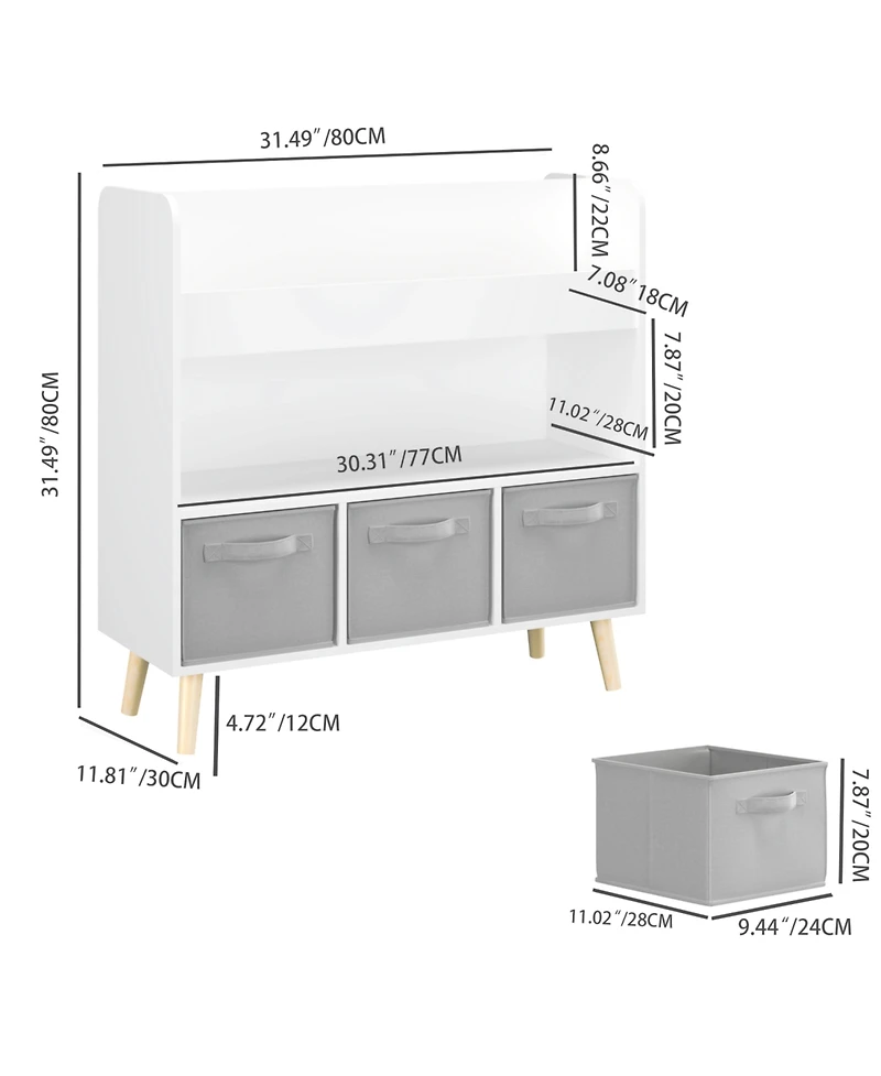 Rainsken Kids Bookshelf with 3 Fabric Storage Bins, Modern Children's Bookcase with Storage for Toys and Books, for Playroom and Bedroom