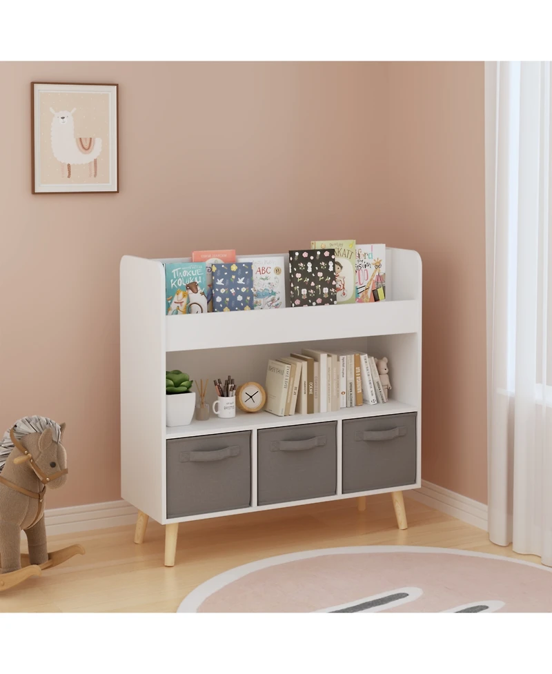 Rainsken Kids Bookshelf with 3 Fabric Storage Bins, Modern Children's Bookcase with Storage for Toys and Books, for Playroom and Bedroom