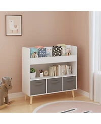 Rainsken Kids Bookshelf with 3 Fabric Storage Bins, Modern Children's Bookcase with Storage for Toys and Books, for Playroom and Bedroom