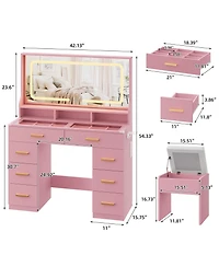 Homfan Makeup Vanity Desk Set with Large Lighted Mirror, 8 Drawers, 3 Storage Shelves, Glass Top, Stool, Built-in Power Outlet