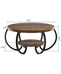Homfan Modern Industrial 30" Round Coffee Table - 2-Tier Wood and Metal with Open Shelf, Adjustable Feet, Living Room Furniture