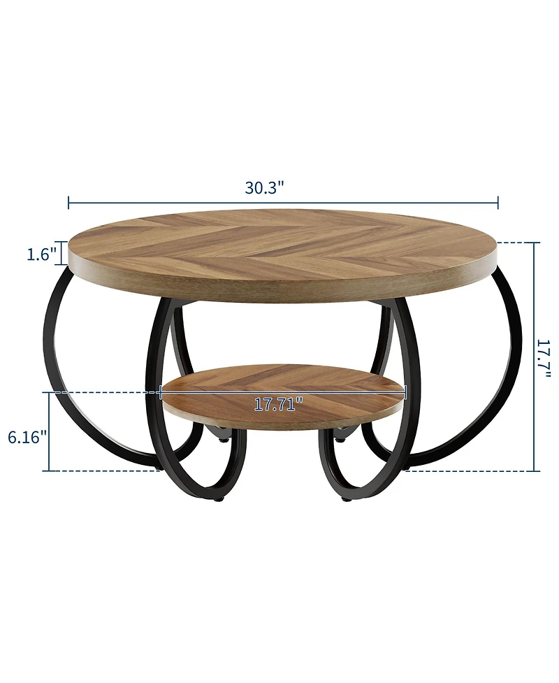 Homfan Modern Industrial 30" Round Coffee Table - 2-Tier Wood and Metal Table with Open Shelf, Adjustable Feet, Living Room Furniture