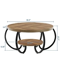 Homfan Modern Industrial 30" Round Coffee Table - 2-Tier Wood and Metal Table with Open Shelf, Adjustable Feet, Living Room Furniture