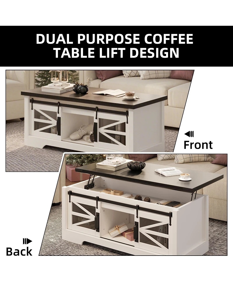 Homfan 47 Inch Farmhouse Lift Top Coffee Table with Sliding Barn Doors, Spacious Hidden Storage, Rectangle Entryway Cabinet