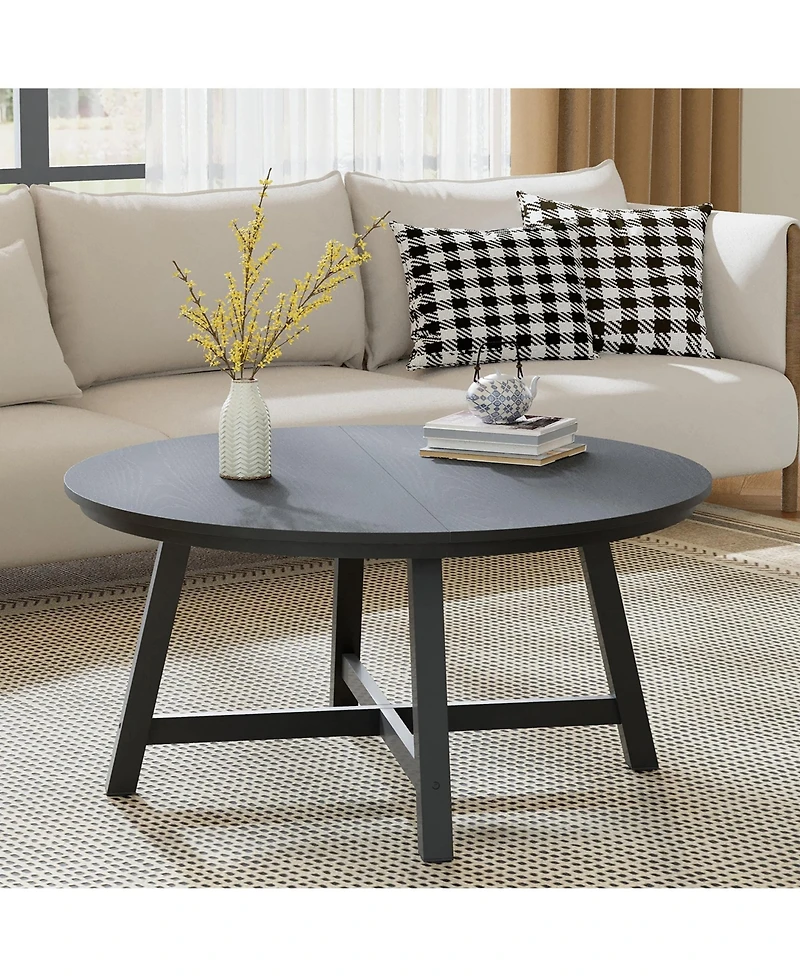 Homfan Modern 36 Inch Round Coffee Table, Industrial Style, Black Metal Frame, Wood Grain Top, Thick Legs, Adjustable Feet, Easy Assembly