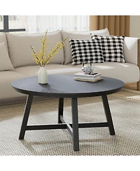 Homfan Modern 36 Inch Round Coffee Table, Industrial Style, Black Metal Frame, Wood Grain Top, Thick Legs, Adjustable Feet, Easy Assembly