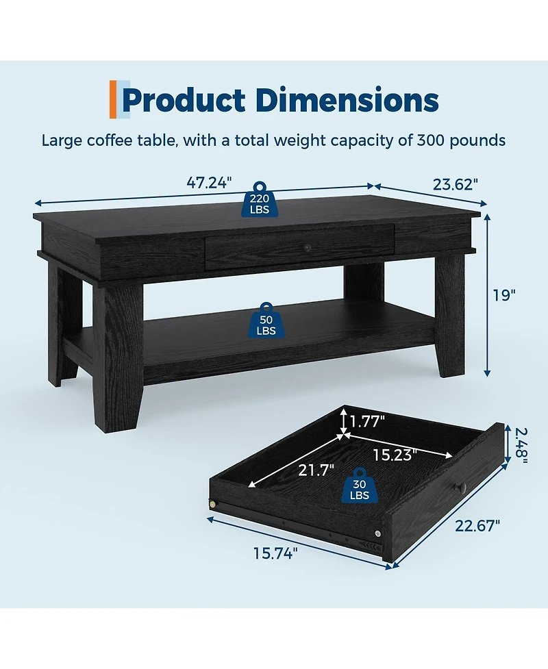 Homfan Coffee Table Center with Drawer and Storage Shelf, Large Tables Living Room, Sturdy Easy to Clean