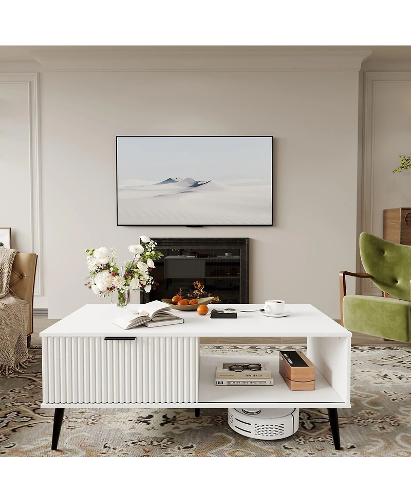 Homfan Coffee Tables for Living Room, Farmhouse Center Table with Hidden Storage and Fluted Sliding Door, Dining Table for Home Apartment Office