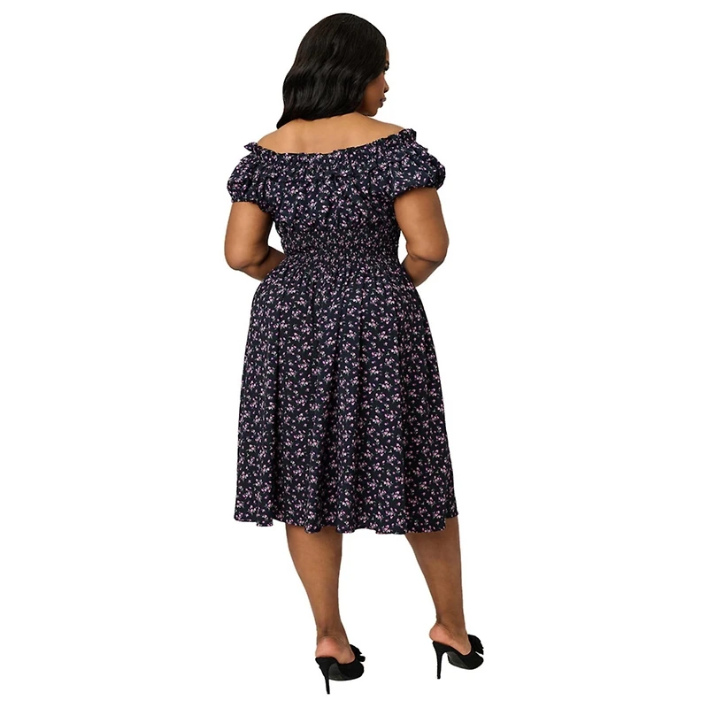 Unique Vintage Plus 1950s Off The Shoulder Ruffle Swing Dress