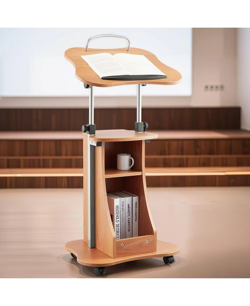 Gouun Wooden Podium with Lockable Wheels, Height Adjustable
