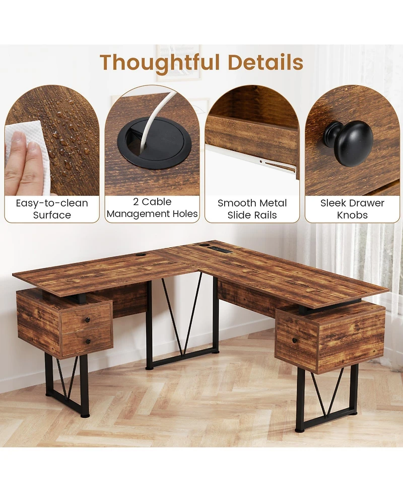 Gouun L-Shaped Desk with Power Outlets and 3 Drawers