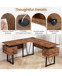 Gouun L-Shaped Desk with Power Outlets and 3 Drawers