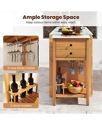 Sugift Patio Acacia Wood Storage Cabinet Buffet Bar Table with Faux Marble Countertop