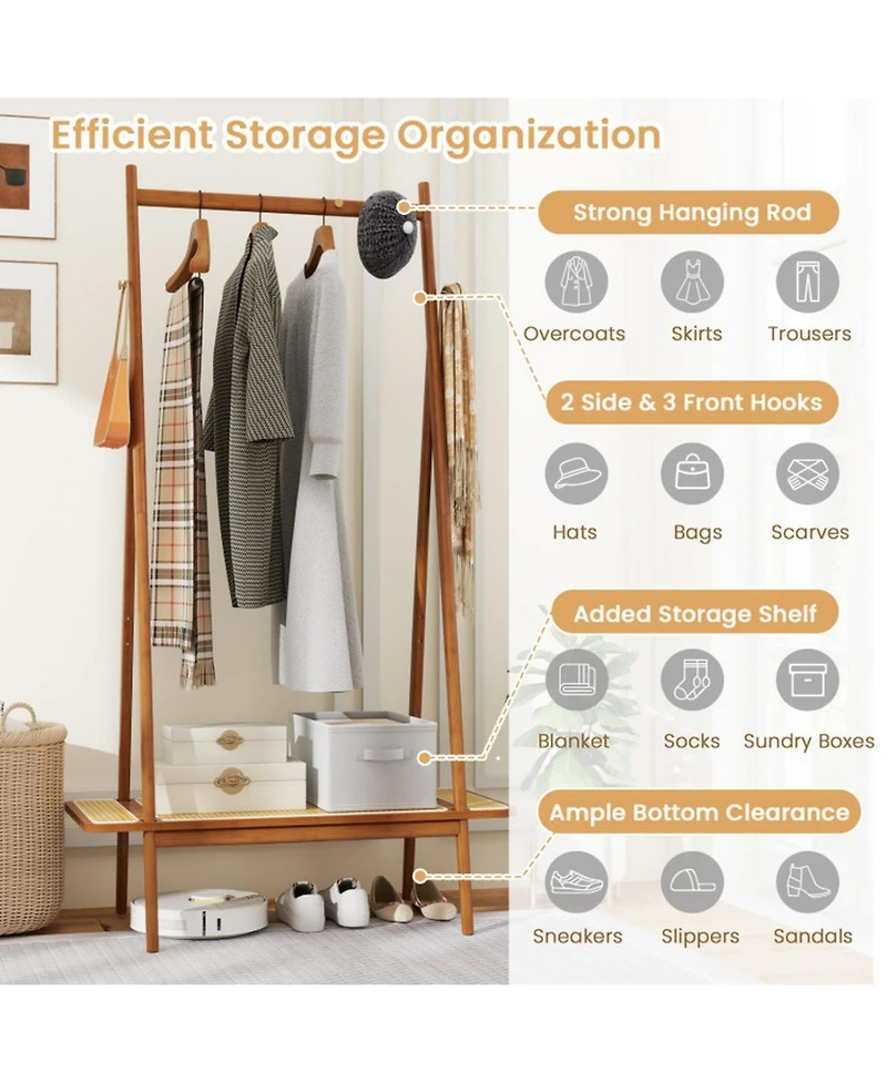 Gouun Bamboo Clothes Rack with Rattan Shelf and Copper Hooks
