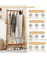 Gouun Bamboo Clothes Rack with Rattan Shelf and Copper Hooks