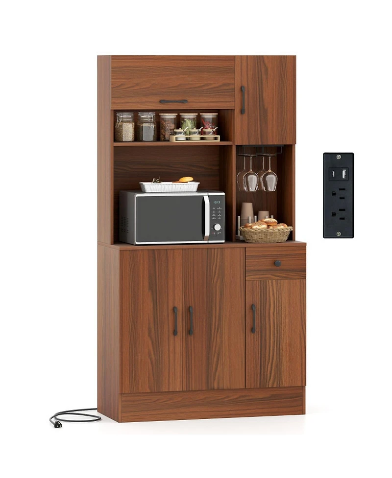 Gouun Kitchen Pantry Cabinet with Built-In Charging Station and Microwave Stand