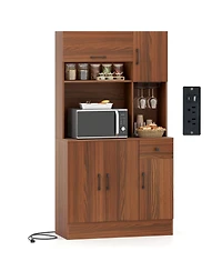 Gouun Kitchen Pantry Cabinet with Built-In Charging Station and Microwave Stand