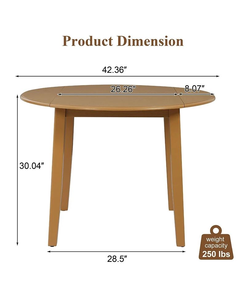 Rainsken Extendable Round Dining Table with Folding Drop Leaves, Space-Saving Wooden Table for 2-4 Persons in Dining Rooms and Kitchens
