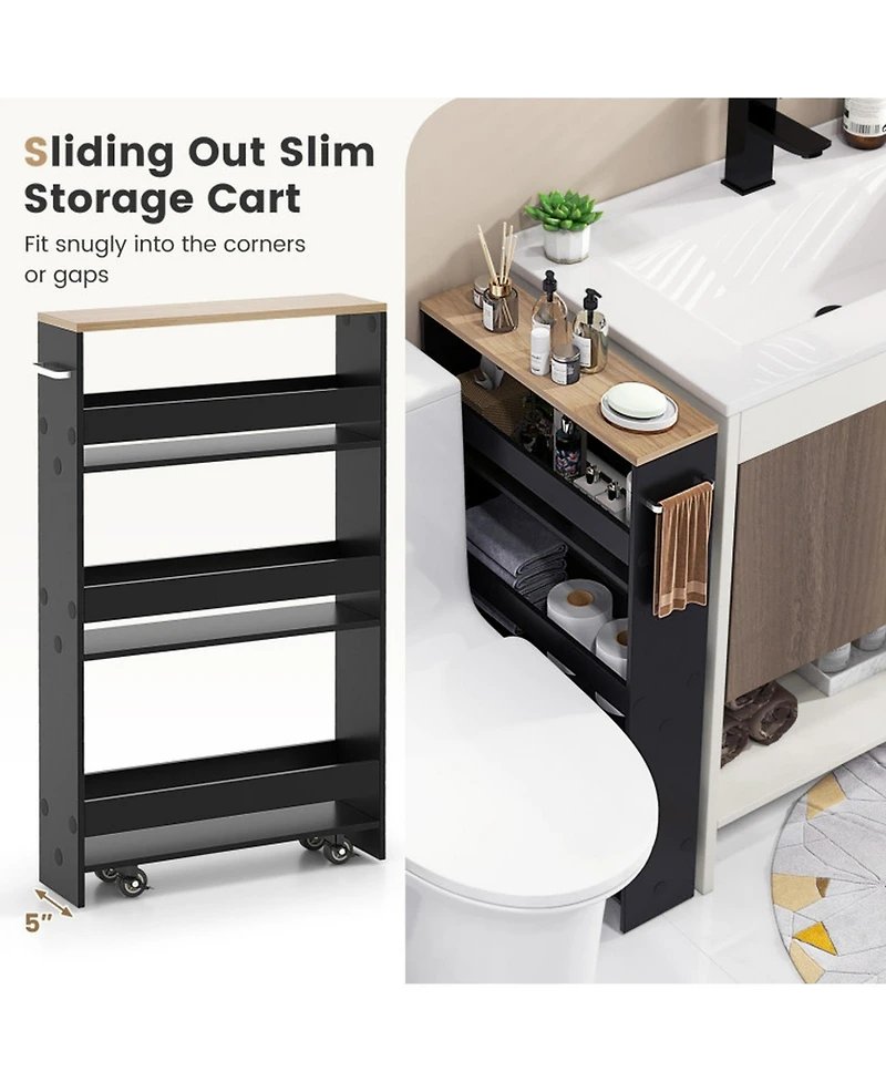 Gouun 4-Tier Slim Rolling Kitchen Storage Cart with Side Handle and Guard Rails