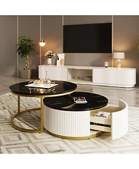 Rainsken Modern Round Nesting Coffee Table Set, Center Table with Drawers, Decorated with Grooves for Living Room and Home Office