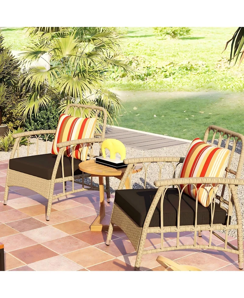 Sugift 3-Piece Patio Rattan Bistro Dining Set with Teak Wood Side Table