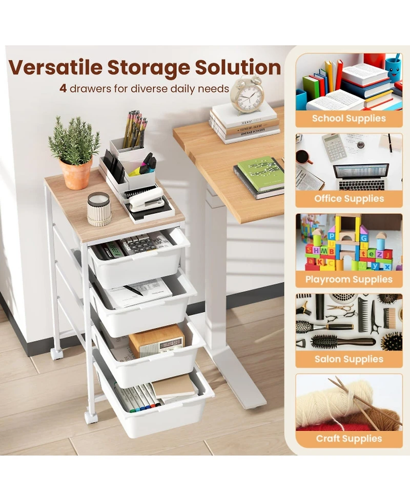 Gouun 5-Drawer Rolling Storage Cart with Wooden Tabletop, Metal Frame and Lockable Casters