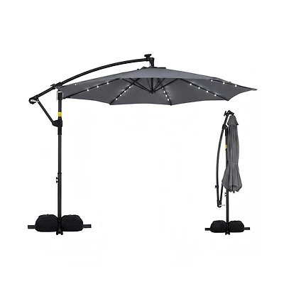Gouun 10 ft Solar Offset Hanging Umbrella with 32 Led Lights, Base and 360 Rotation