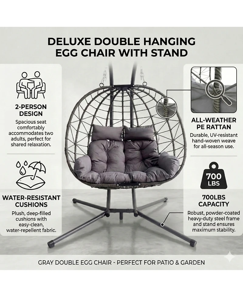 Rainsken Double Hanging Egg Chair, Oversized 2-Person Indoor Outdoor Hammock Swing Chair with Stand and Cushions for Bedroom, Balcony, Garden