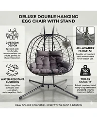 Rainsken Double Hanging Egg Chair, Oversized 2-Person Indoor Outdoor Hammock Swing Chair with Stand and Cushions for Bedroom, Balcony, Garden