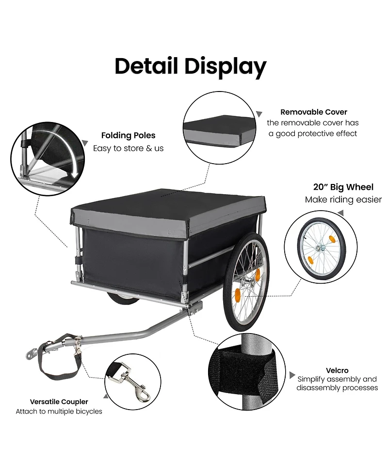 Rainsken Foldable Bike Cargo Trailer, Heavy Duty Bicycle Wagon Cart with 20'' Wheels, Removable Cover, 120 lbs Capacity for Luggage, Groceries