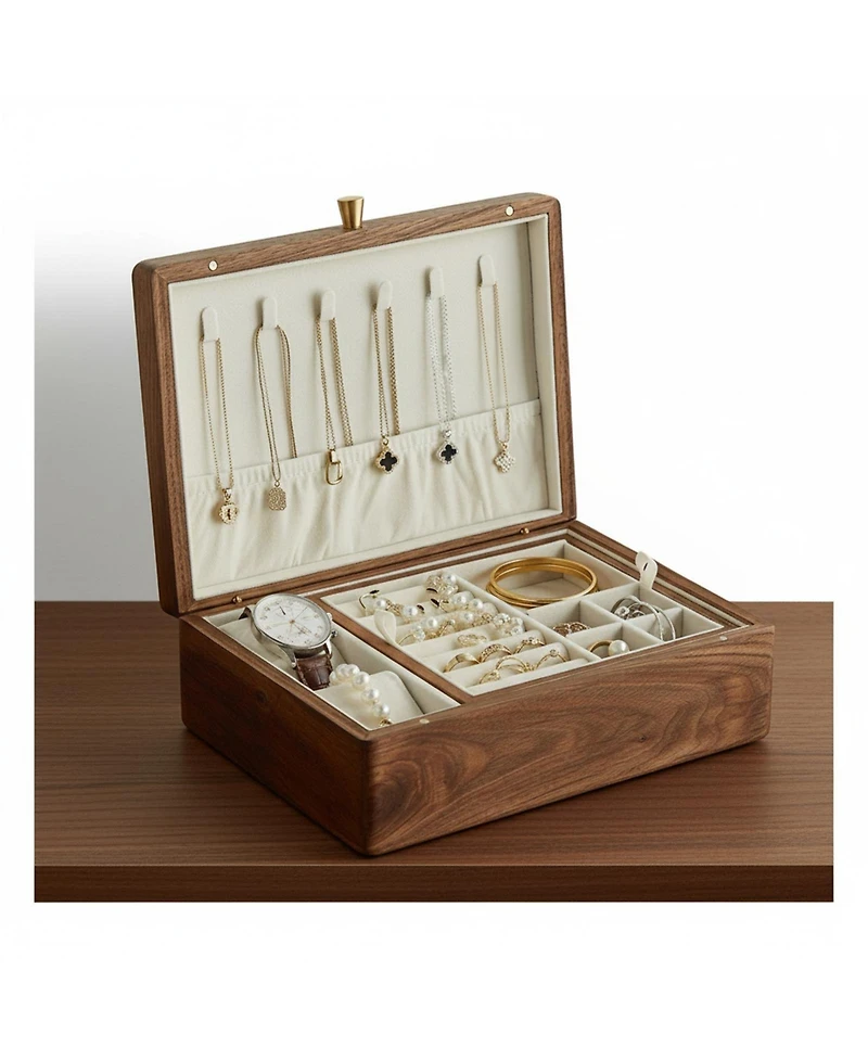 Yigii Black Walnut Solid Wooden 2 Layer Jewelry Organizer with Removable Tray Velvet Interior Magnet Closure Gift for Women