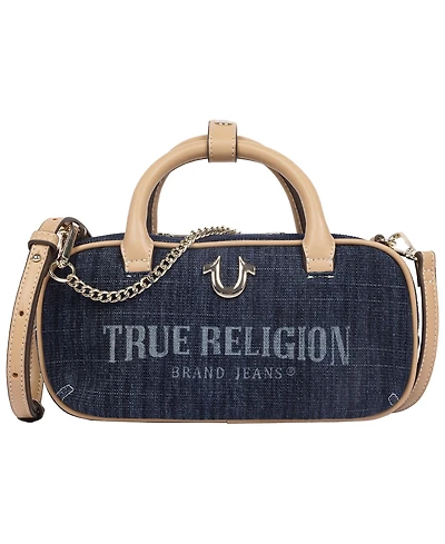 True Religion Bentley Denim and Pu Mini Satchel - Women s Top Handle Crossbody Handbag with Chain Detail