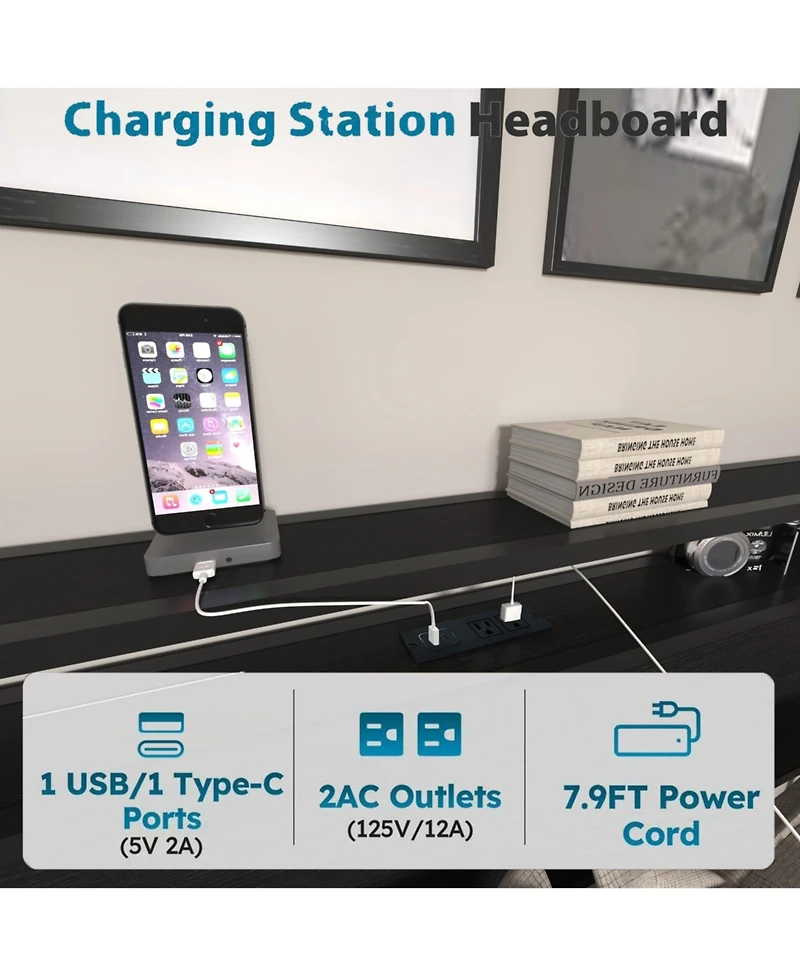 Lucky One King Bed Frame, Storage Headboard with Charging Station, Solid and Stable, Noise Free