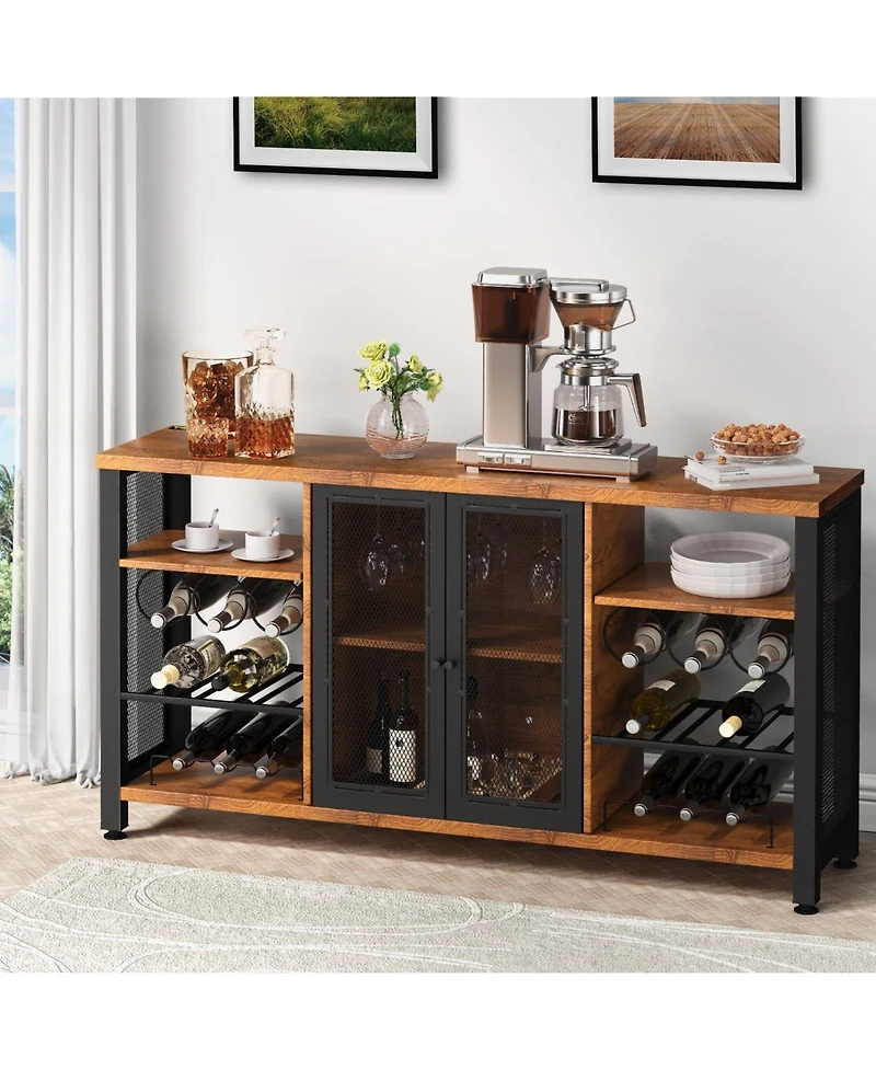 Gouun Industrial Bar Cabinet with Wine Racks and Glass Holders, Metal Mesh Door Sideboard