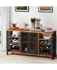 Gouun Industrial Bar Cabinet with Wine Racks and Glass Holders, Metal Mesh Door Sideboard