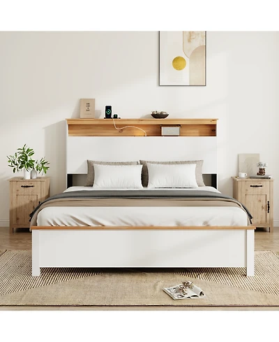 Lucky One Queen Bed Stand With Charging Station All -Wood Bed Frame