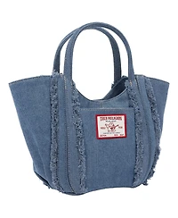 True Religion Atlas Frayed Medium Tote Bag – Denim Carryall with Removable Crossbody Strap