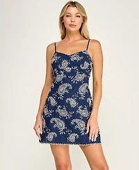 Trixxi Juniors' Sleeveless Embroidered V-Neck Mini Dress
