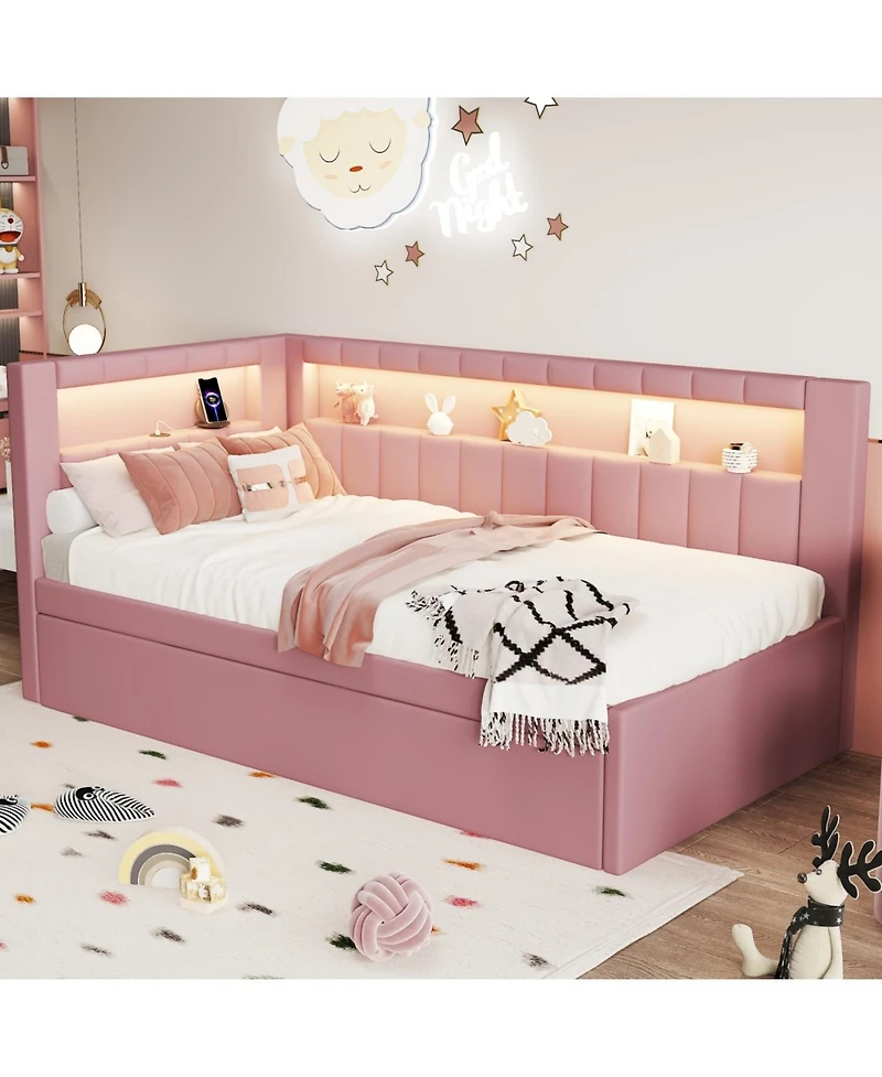 Rainsken Upholstered Daybed with Trundle, Built-in Usb Ports and Led, L-Shaped Day Bed