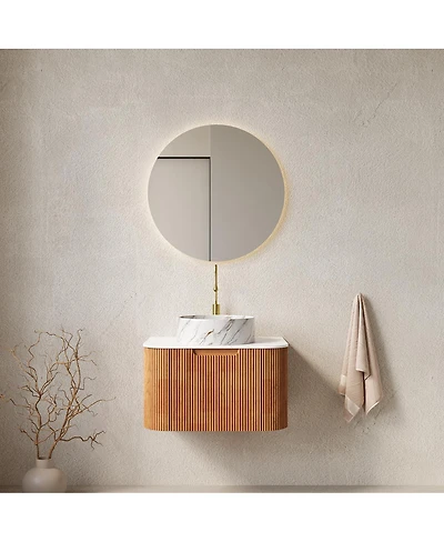 Sillysis Modern Bathroom Vanity with Stone Pattern Ceramic Basin, 3D Striped Wood Drawer, Wall Mounted Storage Cabinet
