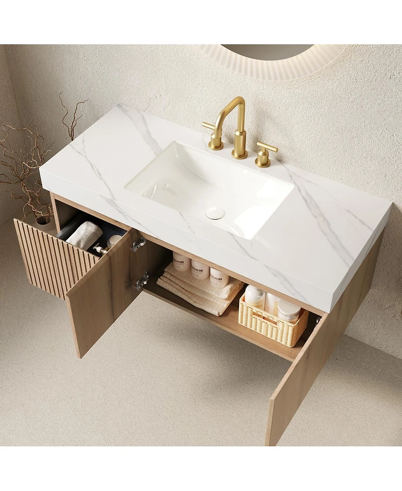 Sillysis Wall Mounted Bathroom Vanity with Carrara Sintered Stone Top, Ceramic Sink, Soft Close Cabinet, Pre-assembled