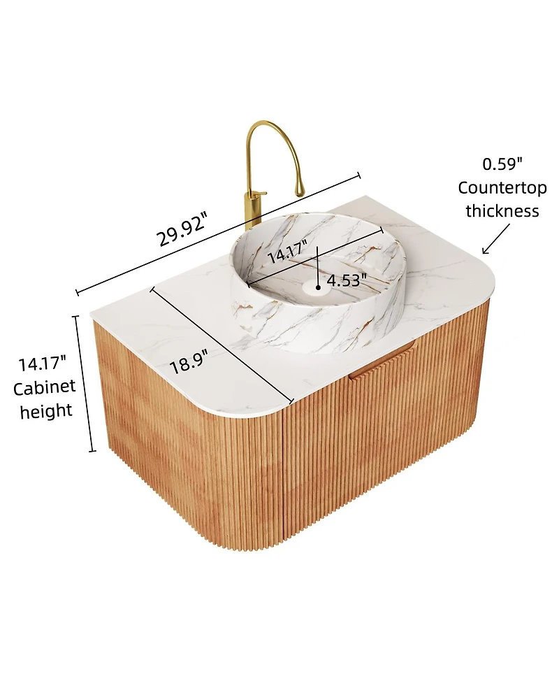 Sillysis Modern Bathroom Vanity with Stone Pattern Ceramic Basin, 3D Striped Wood Drawer, Wall Mounted Storage Cabinet