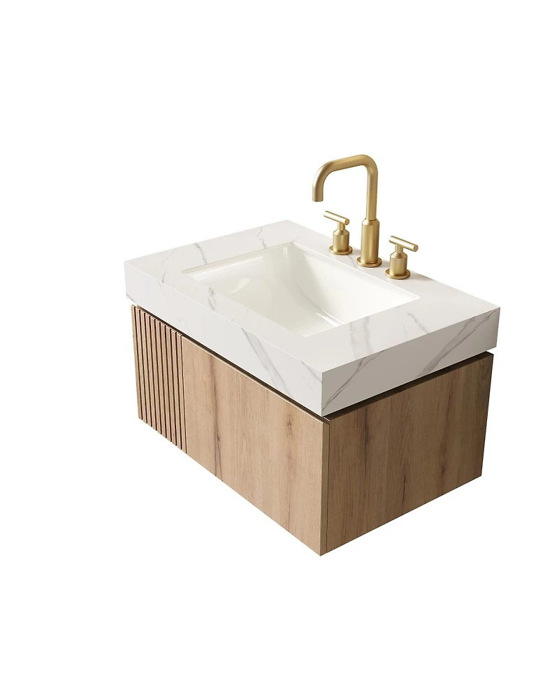 Sillysis Wall Mounted Bathroom Vanity with Carrara Sintered Stone Top, Ceramic Sink, Soft Close Cabinet, Pre-assembled
